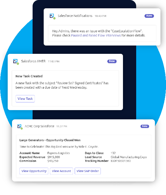 3 Screenshots of the Notifications that can be displayed from Salesforce using our integration.