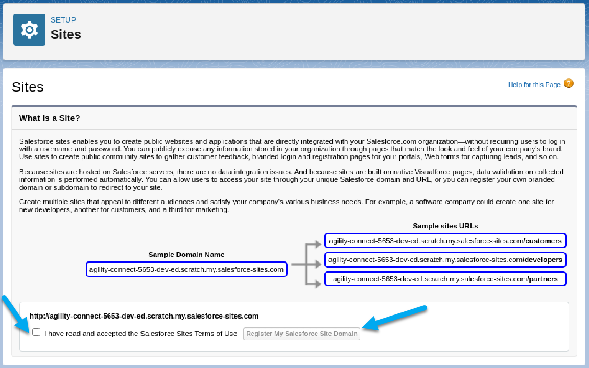 Salesforce setup screen for setting up a Site Domain