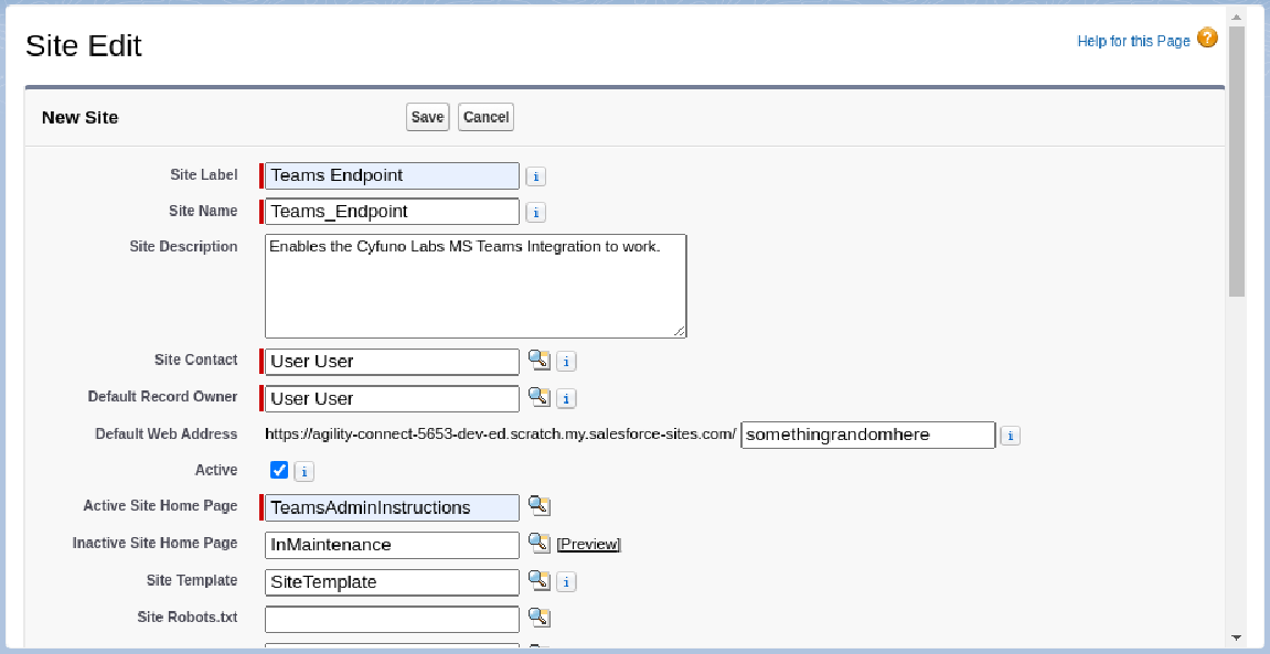 Salesforce Site configuration screen for adding a new site.