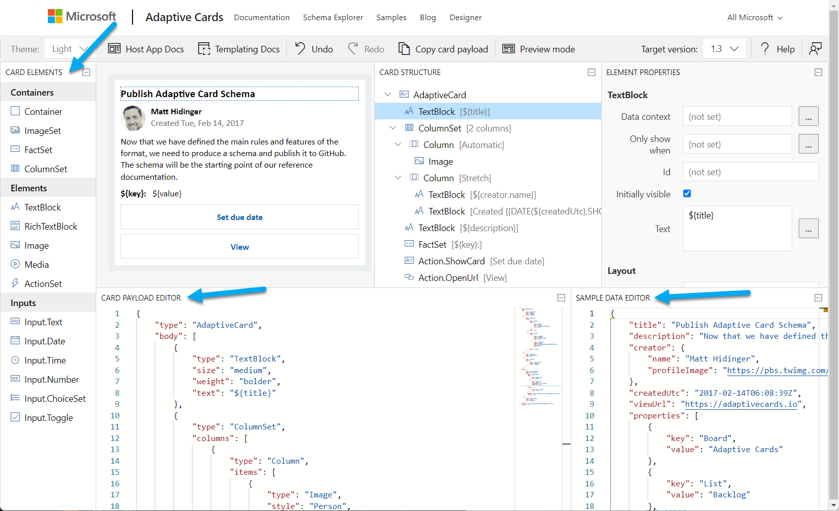 Microsoft Adaptive Card Designer, highlighting sections of the page helpful for building a payload