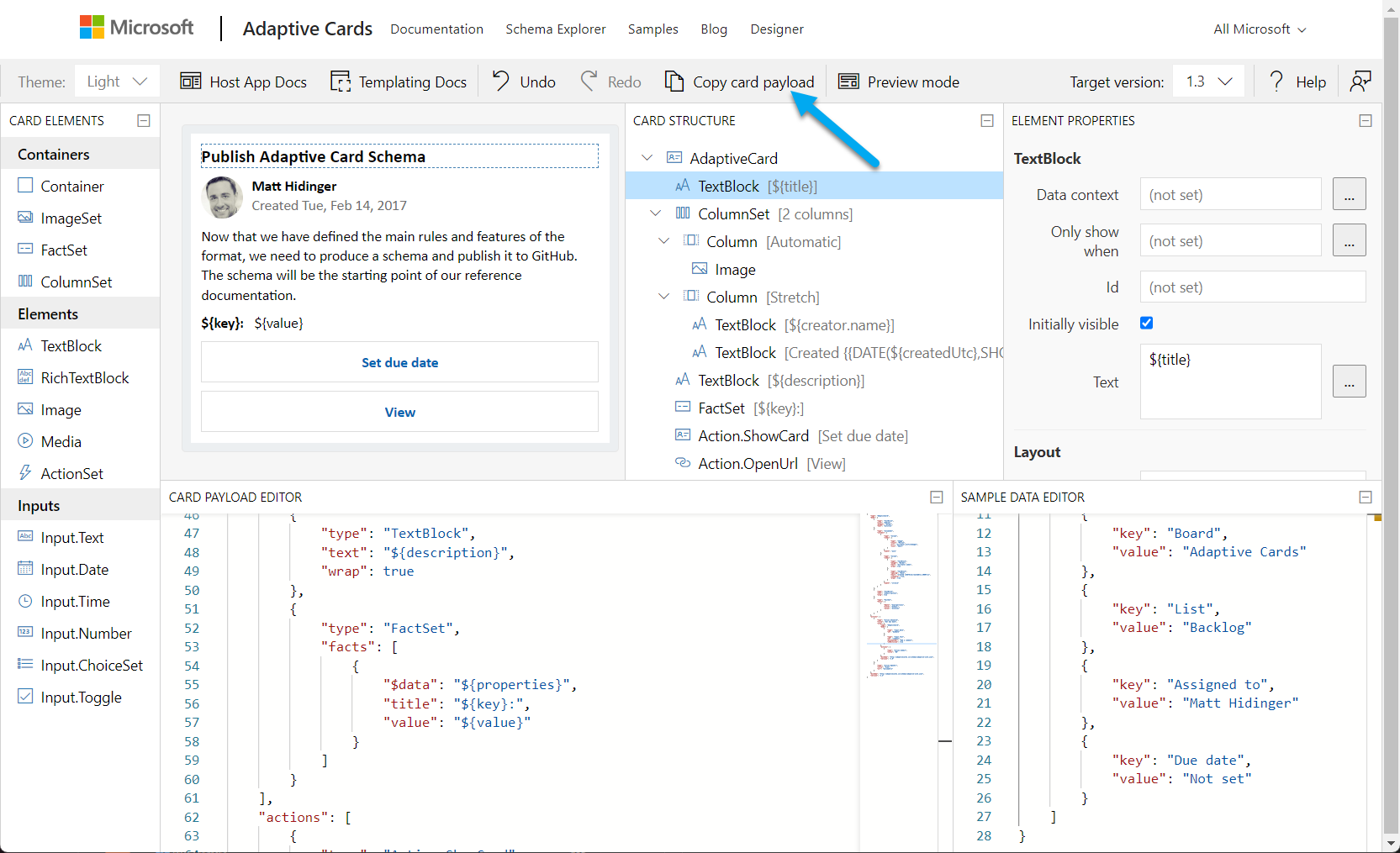 Microsoft Adaptive Card Designer, highlighting how to copy the payload for use in Salesforce.