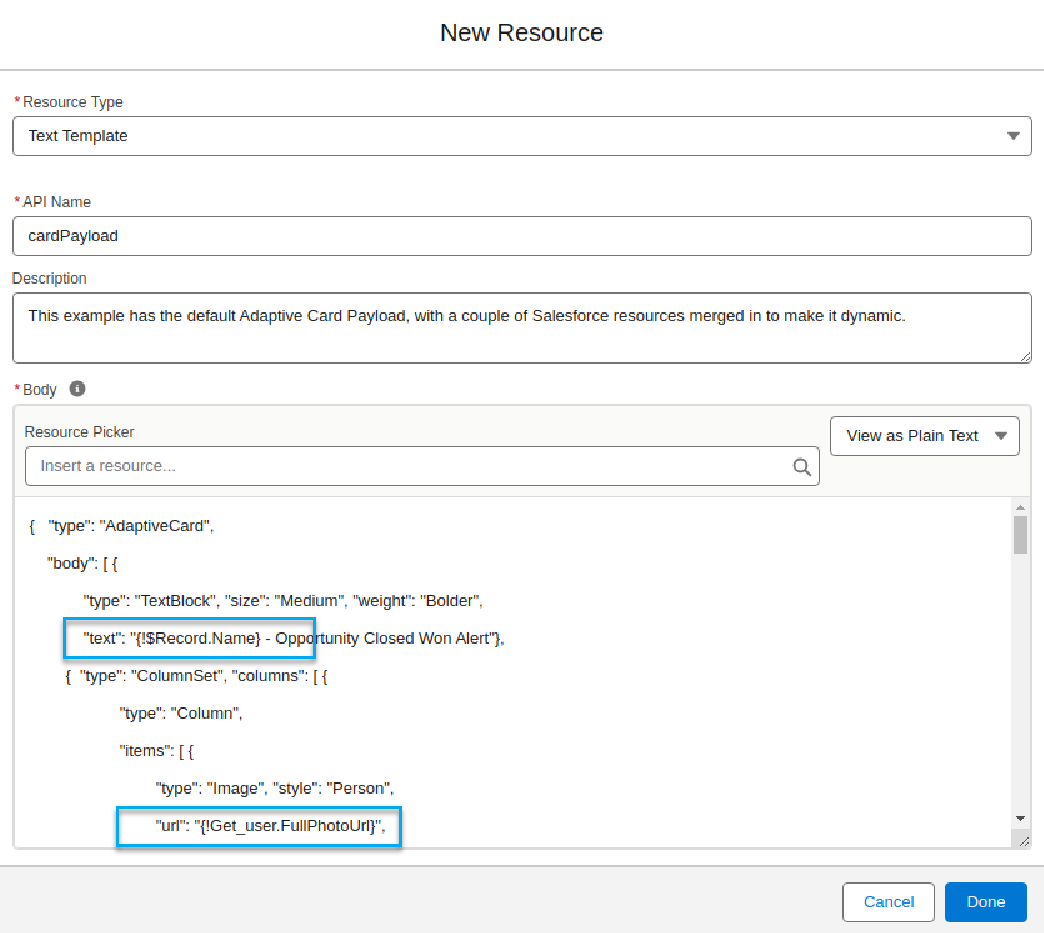 Salesforce Screen Flow prompt for a New Resource (variable). Demonstrates pasting and modifying the payload from the Card Designer.