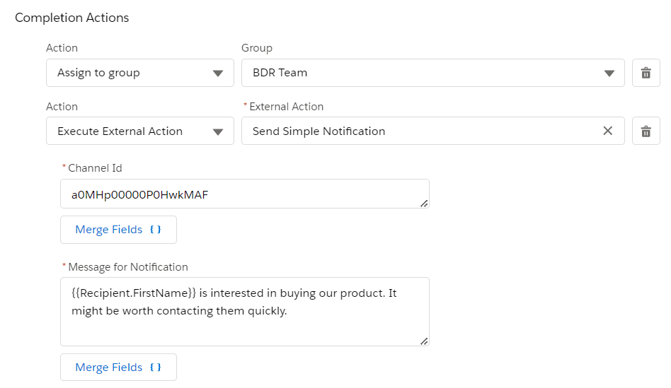 Pardot screen showing Completion Actions, and the addition of configuring our newly set up External Action.