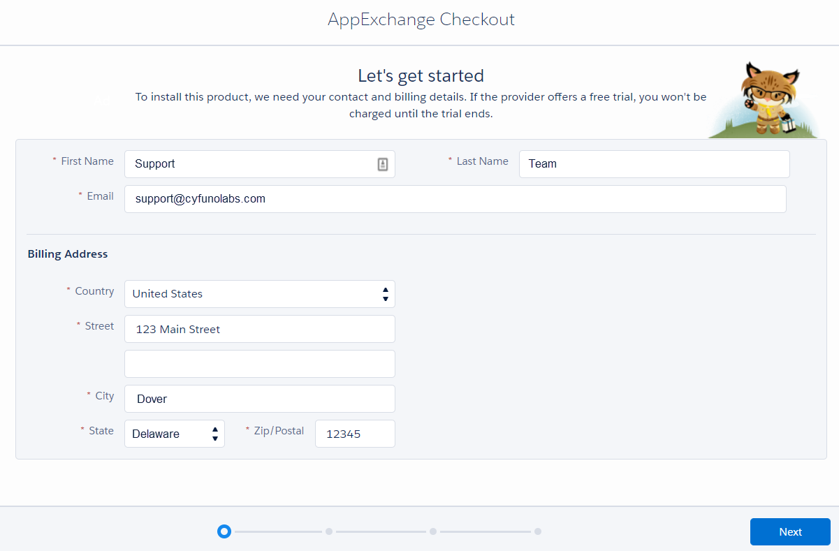 AppExchange checkout screen asking for billing details, such as name, email and address.