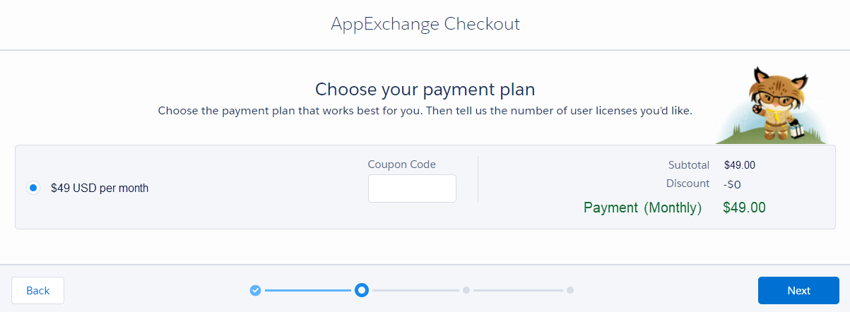 AppExchange screen prompting for a payment plan to be chosen.