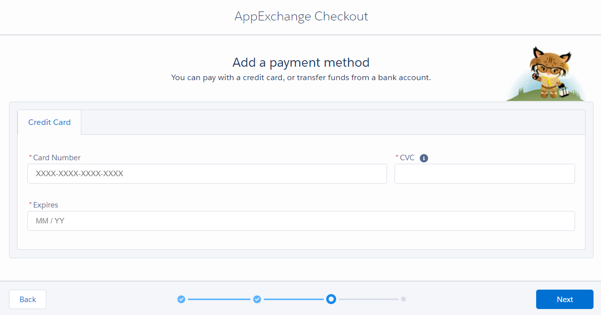 AppExchange screen prompting for payment method (card) details.