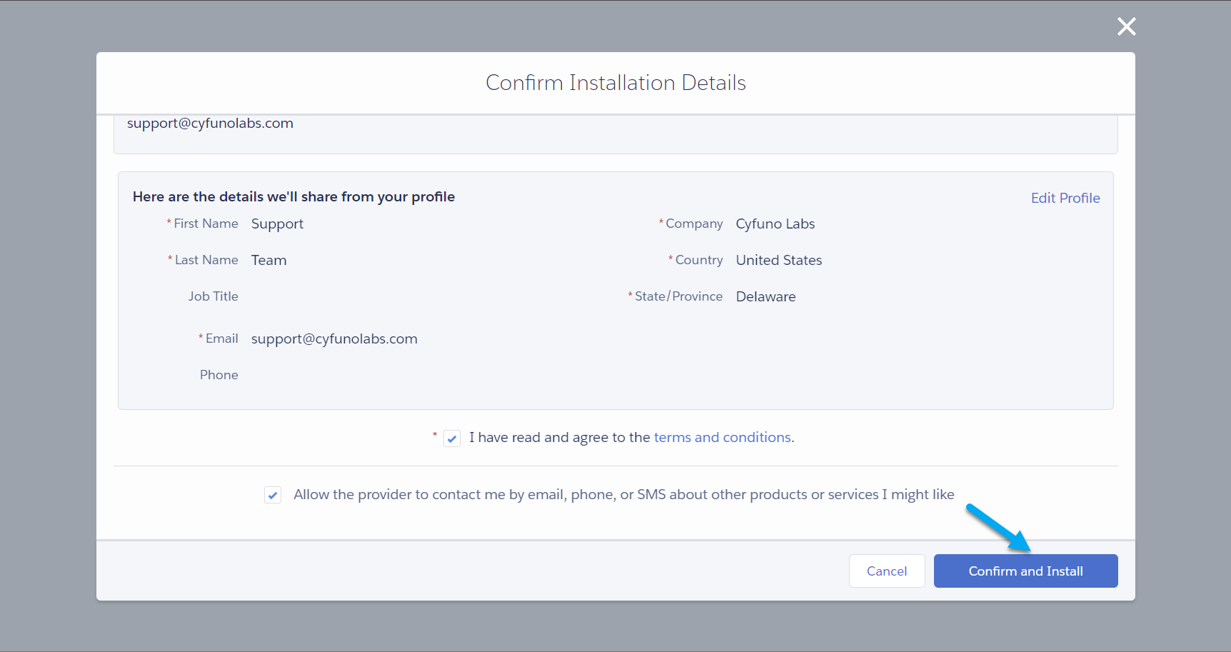 AppExchange screen confirming package installation details.