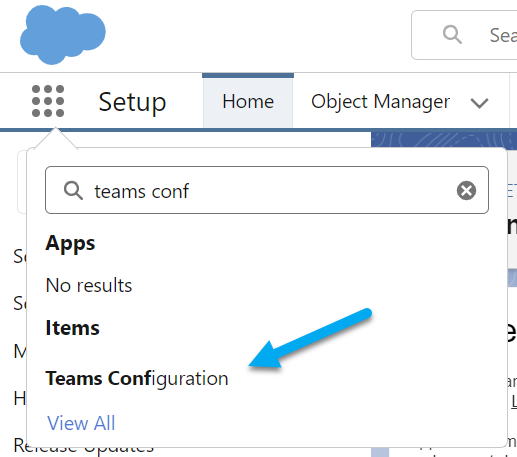 Salesforce App Launcher, searching for "Teams Configuration"