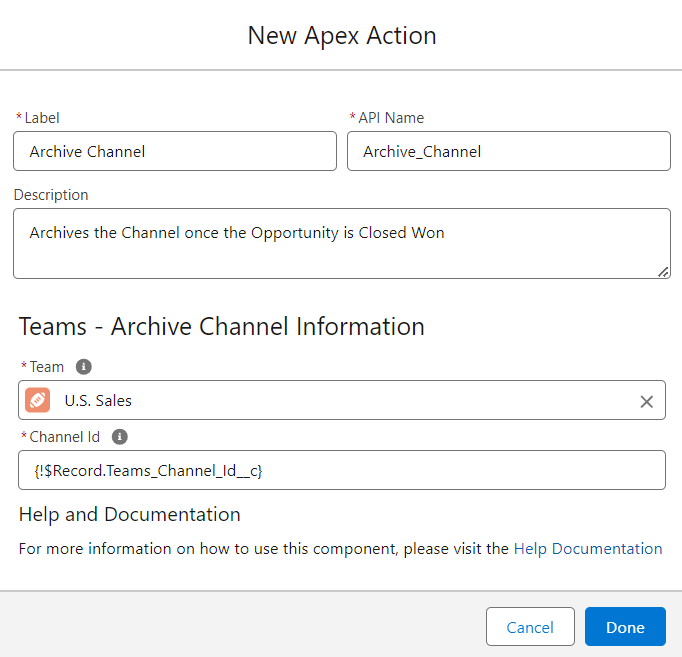 Salesforce custom action, prompting a user to provide details for archiving a Teams channel.