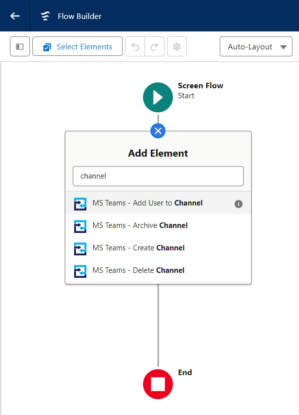 Salesforce Flow screen, showing a user searching for an MS Teams action to work with Channels.