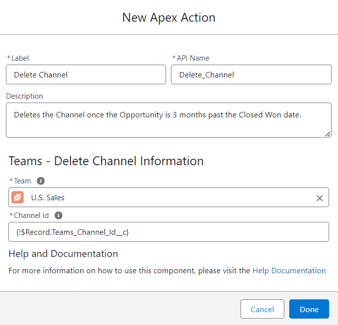 Salesforce custom action, prompting a user to provide details for deleting a Channel from Microsoft Teams.