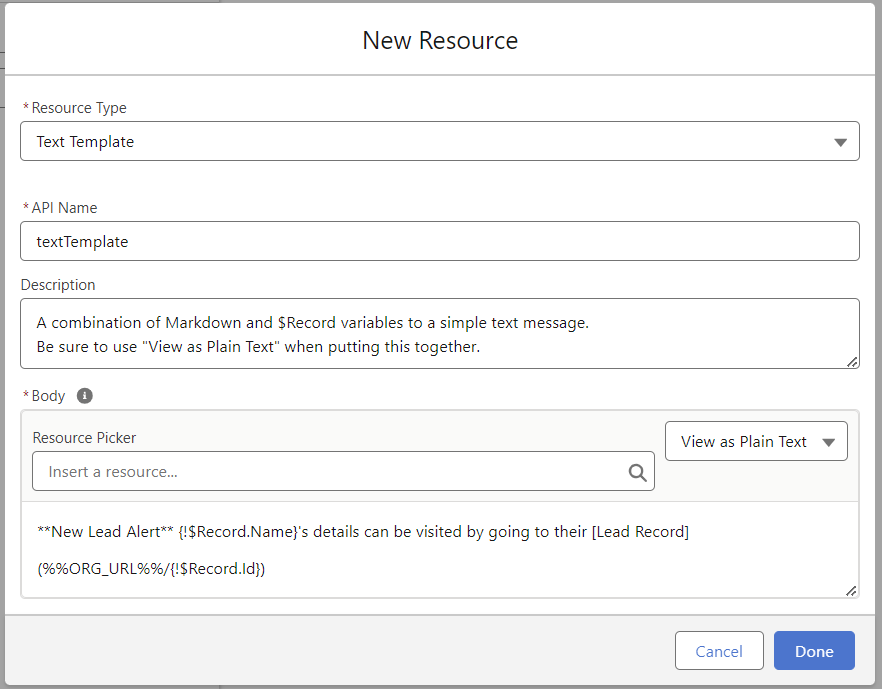 Salesforce Screen Flow prompt for a New Resource (variable). Demonstrates building a formatted message.