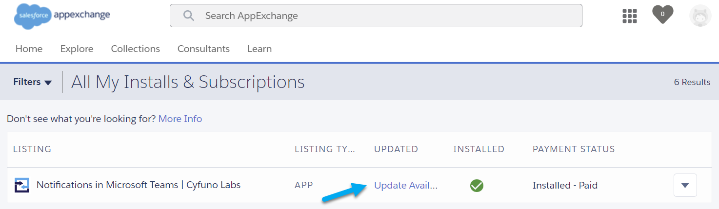 AppExchange screen with My Installs & Subscriptions, showing link for updating package.