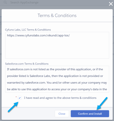 AppExchange prompt for accepting Terms & Conditions