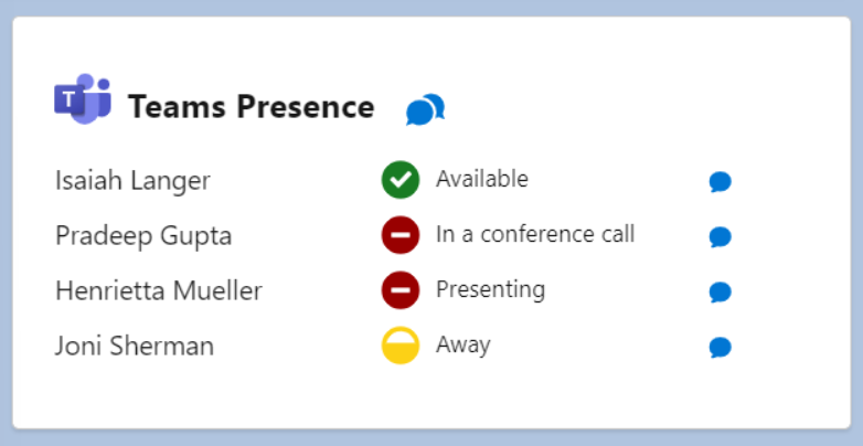 Lightning Web Component, added to a Lightning Record page showing the different statuses of 4 Teams Users.