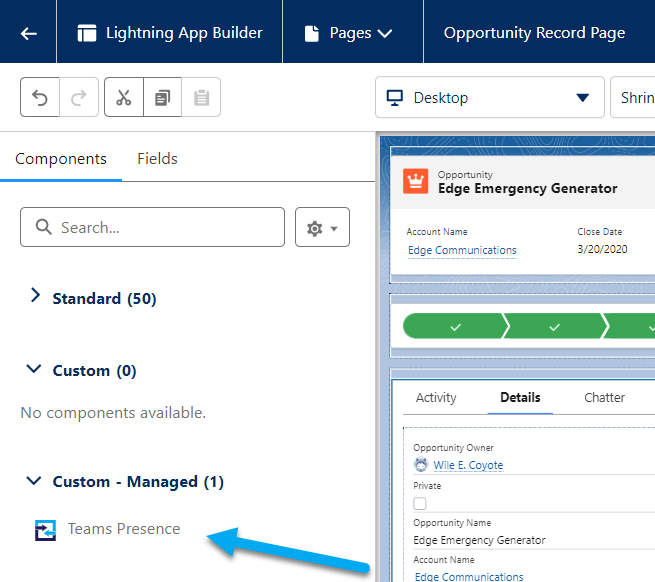 Lightning App Builder, showing the Custom - Managed section of the Component toolbox where our component can be selected and dragged onto the screen.