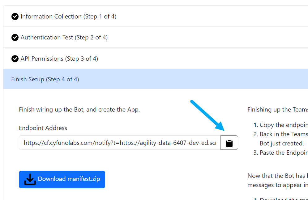 Salesforce Bot config screen, showing the Endpoint address and a link to download the manifest file