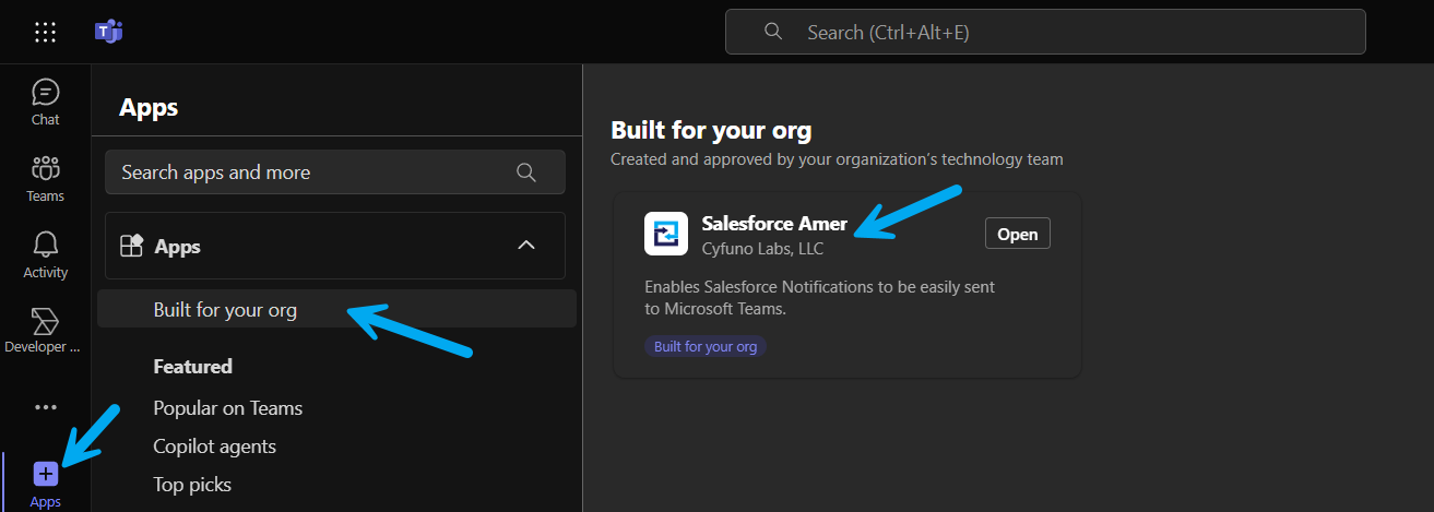 Microsoft Teams Apps screen, showing Apps that are Built for your org.
