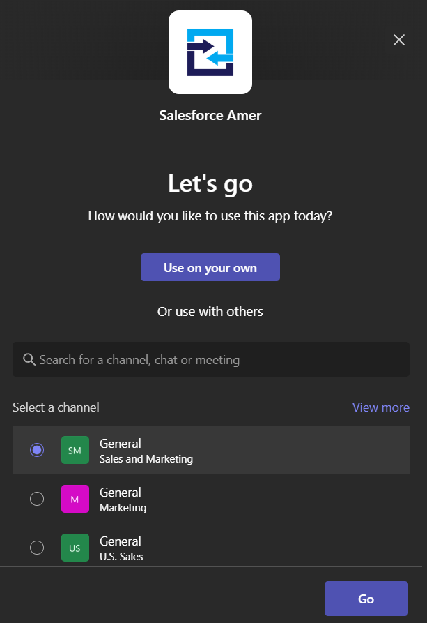 Microsoft Teams app popup, where a user can add our Bot to a Team.